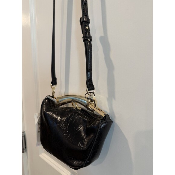 ZARA 2024 Black Mini Bucket Handbag Faux Leather Patent Textured Gold Handle New - Picture 8 of 13